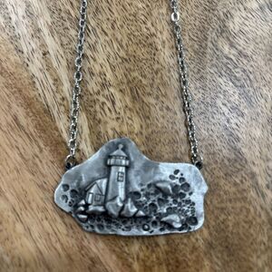 VINTAGE JJ PEWTER LIGHTHOUSE PENDANT NECKLACE RAISED DETAILED